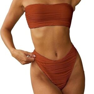 ZAFUL Women Strapless Wave Bandeau Bikini 2 Piece Swimwear Cheeky. Lace up. Sz M